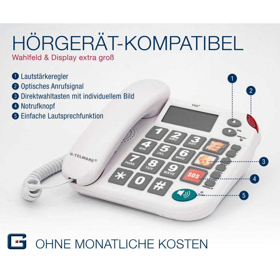 PRO+(G-TELWARE®)(pierwszy na świecie) technologia ciszy SOS telefon dla seniorów połączenie alarmowe 2025s/ SOSParam.einstellb.