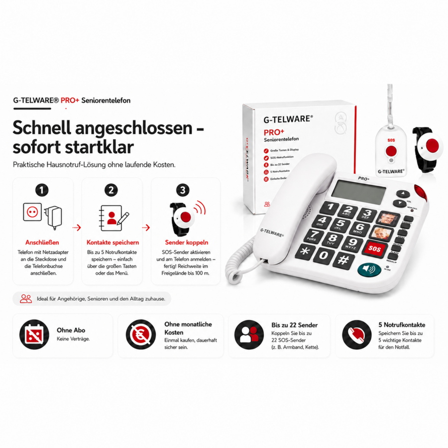 PRO+(G-TELWARE®)(primicia mundial) Silencio SOS tecnología teléfono senior Llamada de emergencia 2025s/ SOSParam.einstellb.