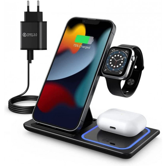 G-TELWARE® 3/4 in 1 pieghevole, ricarica wireless, ricarica a induzione QI per iPhone/iWatch/Airpod/Android (3-IN-1, SNOW WHITE)