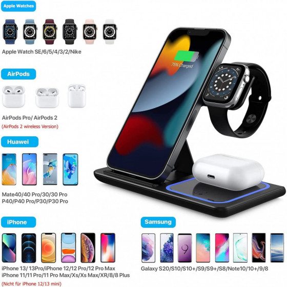 G-TELWARE® 3/4 in 1 foldable, wireless charging, QI induction charging for iPhone/iWatch/Airpod/Android (3-IN-1, SNOW WHITE) : A