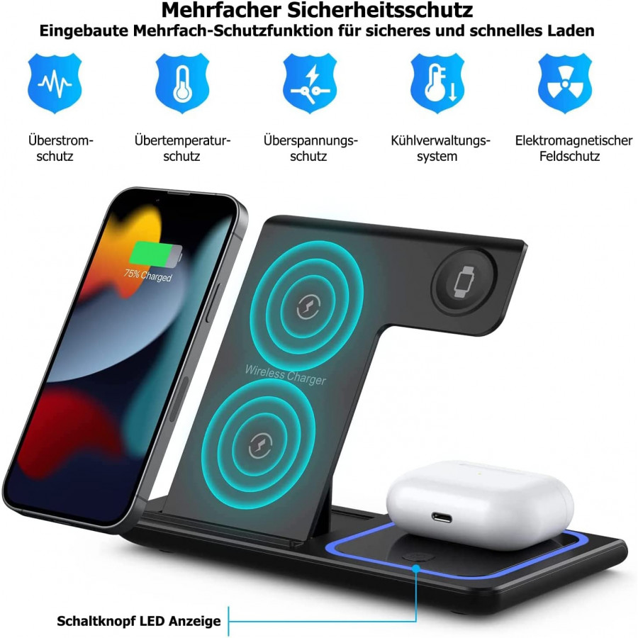 G-TELWARE® 3/4 in 1 foldable, wireless charging, QI induction charging for iPhone/iWatch/Airpod/Android (3-IN-1, SNOW WHITE) : A