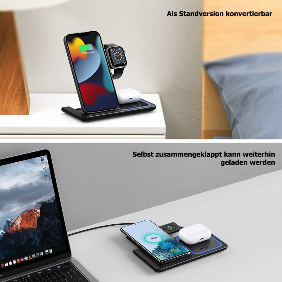 G-TELWARE® 3/4 in 1 foldable, wireless charging, QI induction charging for iPhone/iWatch/Airpod/Android (3-IN-1, SNOW WHITE) : A