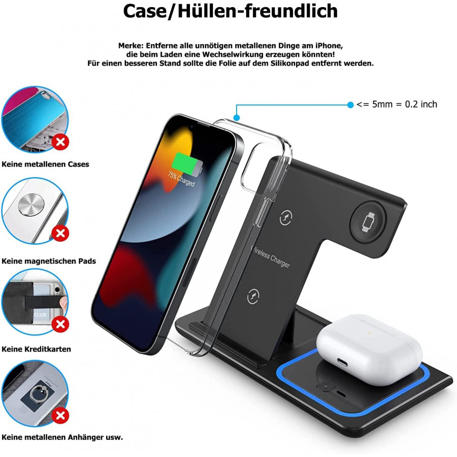 G-TELWARE® 3/4 in 1 foldable, wireless charging, QI induction charging for iPhone/iWatch/Airpod/Android (3-IN-1, SNOW WHITE) : A