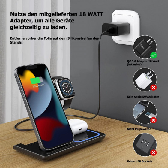 G-TELWARE® 3/4 in 1 foldable, wireless charging, QI induction charging for iPhone/iWatch/Airpod/Android (3-IN-1, SNOW WHITE) : A