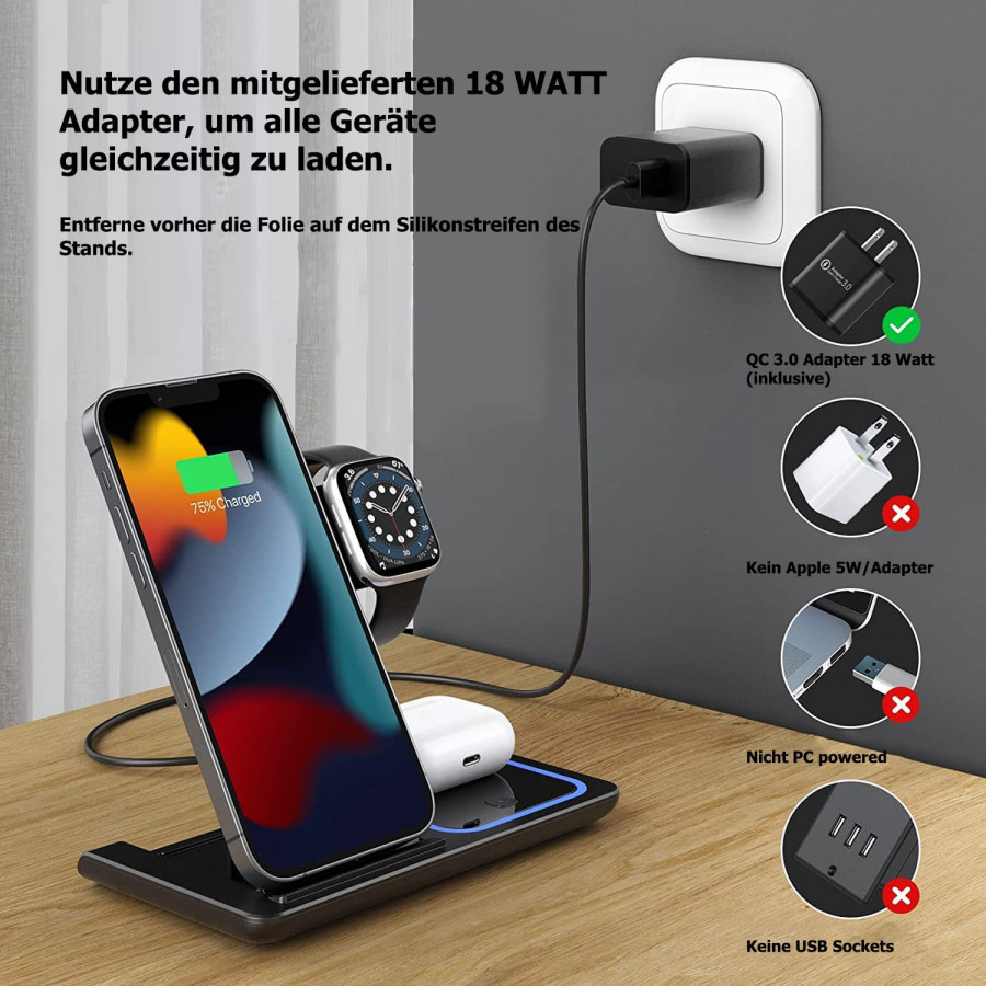 G-TELWARE® 3/4 in 1 foldable, wireless charging, QI induction charging for iPhone/iWatch/Airpod/Android (3-IN-1, SNOW WHITE) : A