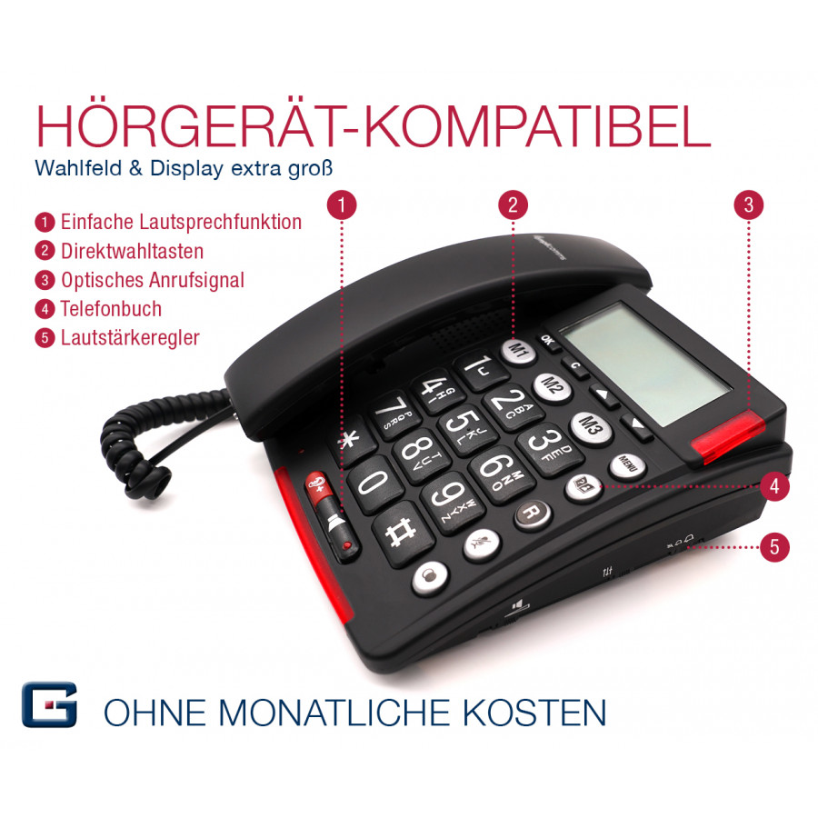 G-TELWARE® (ELDAT-Variante!) 2022/23er Modell Seniorentelefon Senioren-Notruf-Telefon mit Funk-SOS-Sender, schnurgebundenes Fest